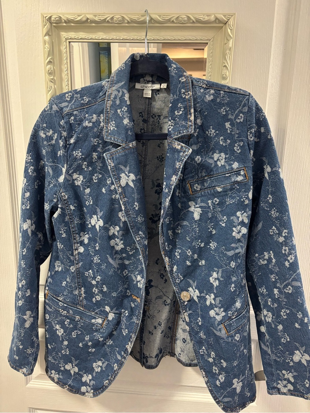 Chico's Blue Floral Denim Blazer Jacket